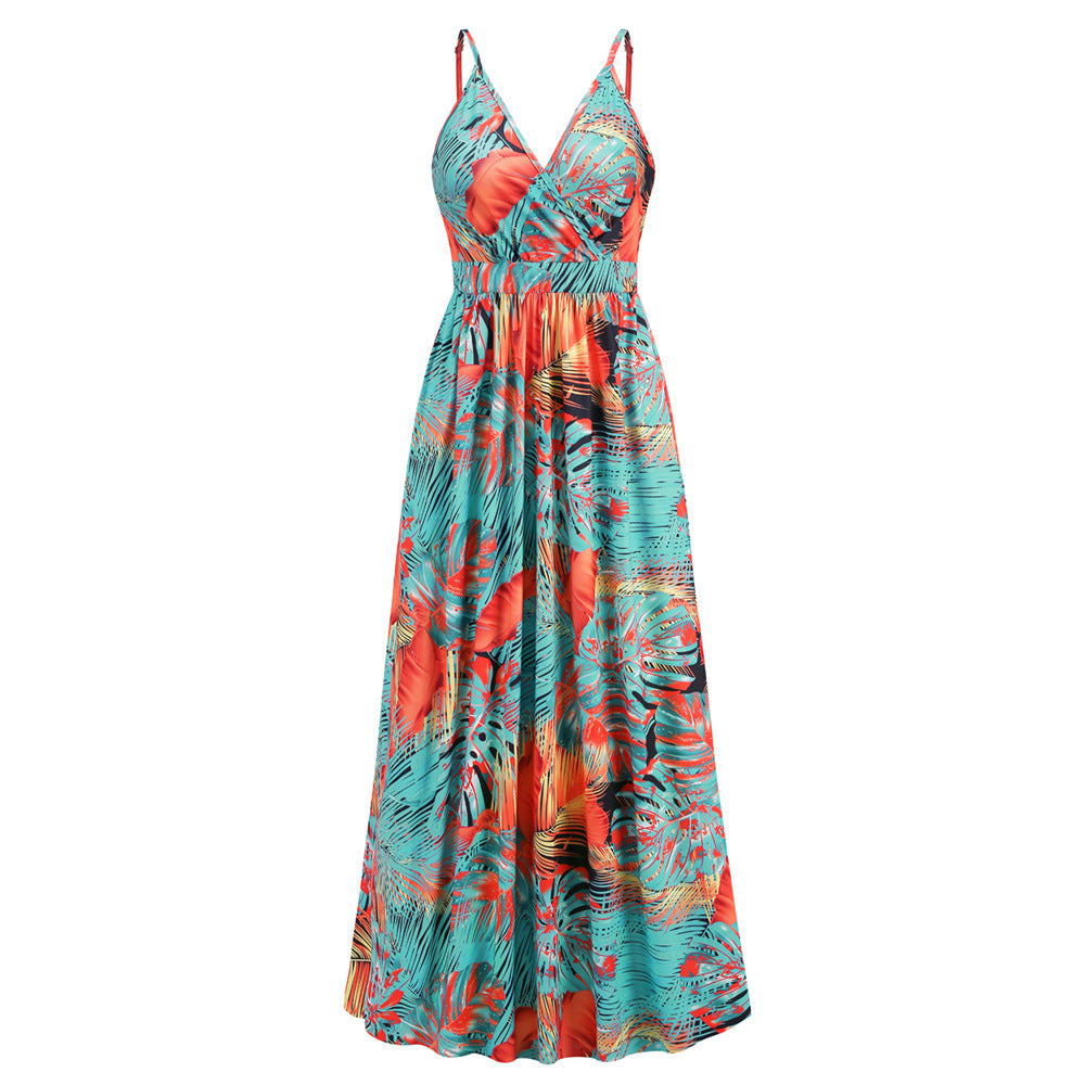 Robe longue à fleurs, robe d'été, balançoire, vacances, plage
