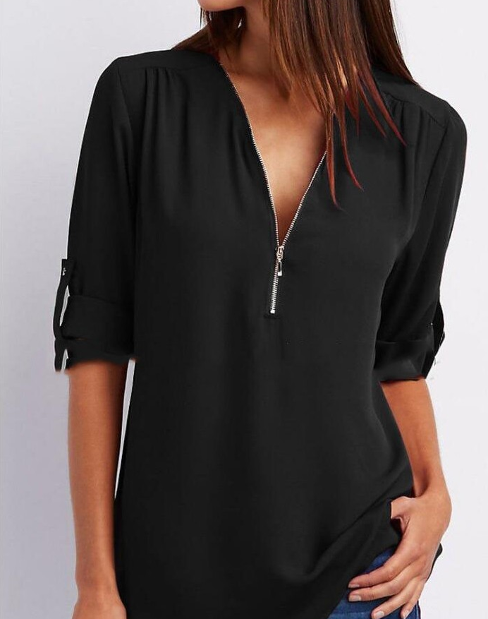 Chemise ample à manches longues et col en V, grande taille