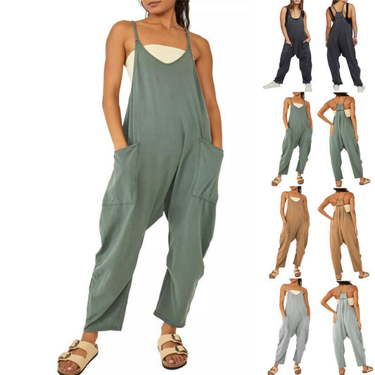 Combinaisons amples sans manches pour femmes, bretelles Spaghetti, pantalon Long extensible, barboteuse avec poches et fermeture éclair