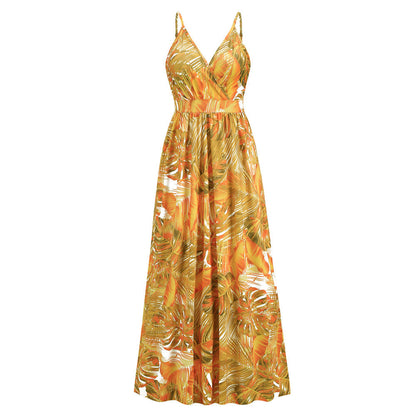 Robe longue à fleurs, robe d'été, balançoire, vacances, plage