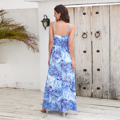 Robe longue à fleurs, robe d'été, balançoire, vacances, plage